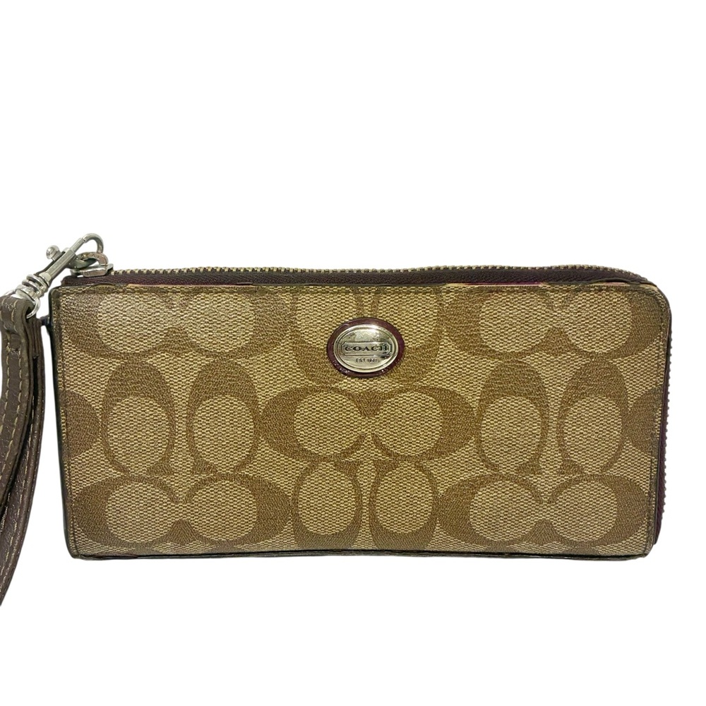 Coach PEYTON SIGNATURE SLIM ZIP WALLET KHAKI/VIOLET Multi Card Slot